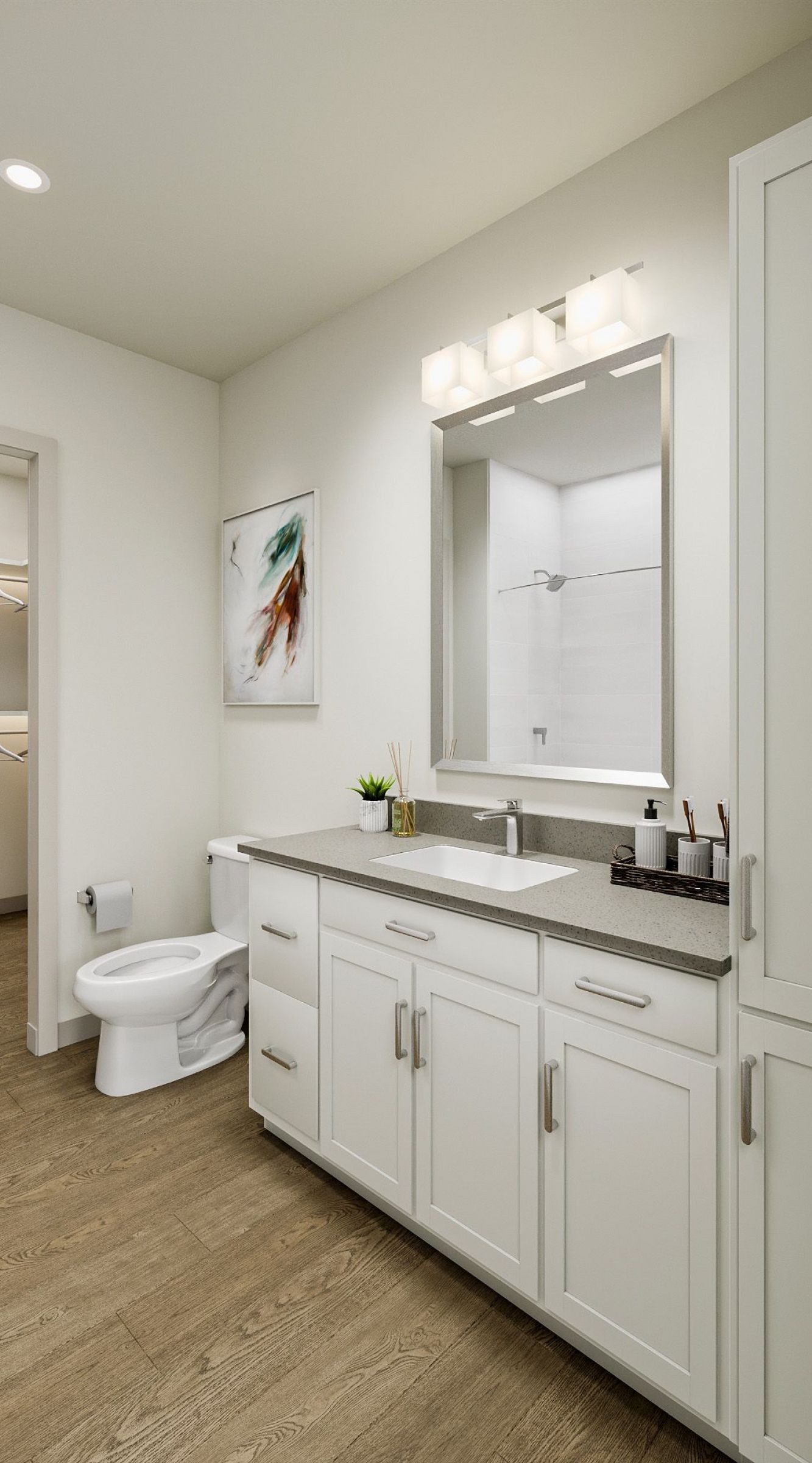 Camber Ridge Modern bathroom with white cabinets, a large mirror, wood flooring, and a walk-in closet.