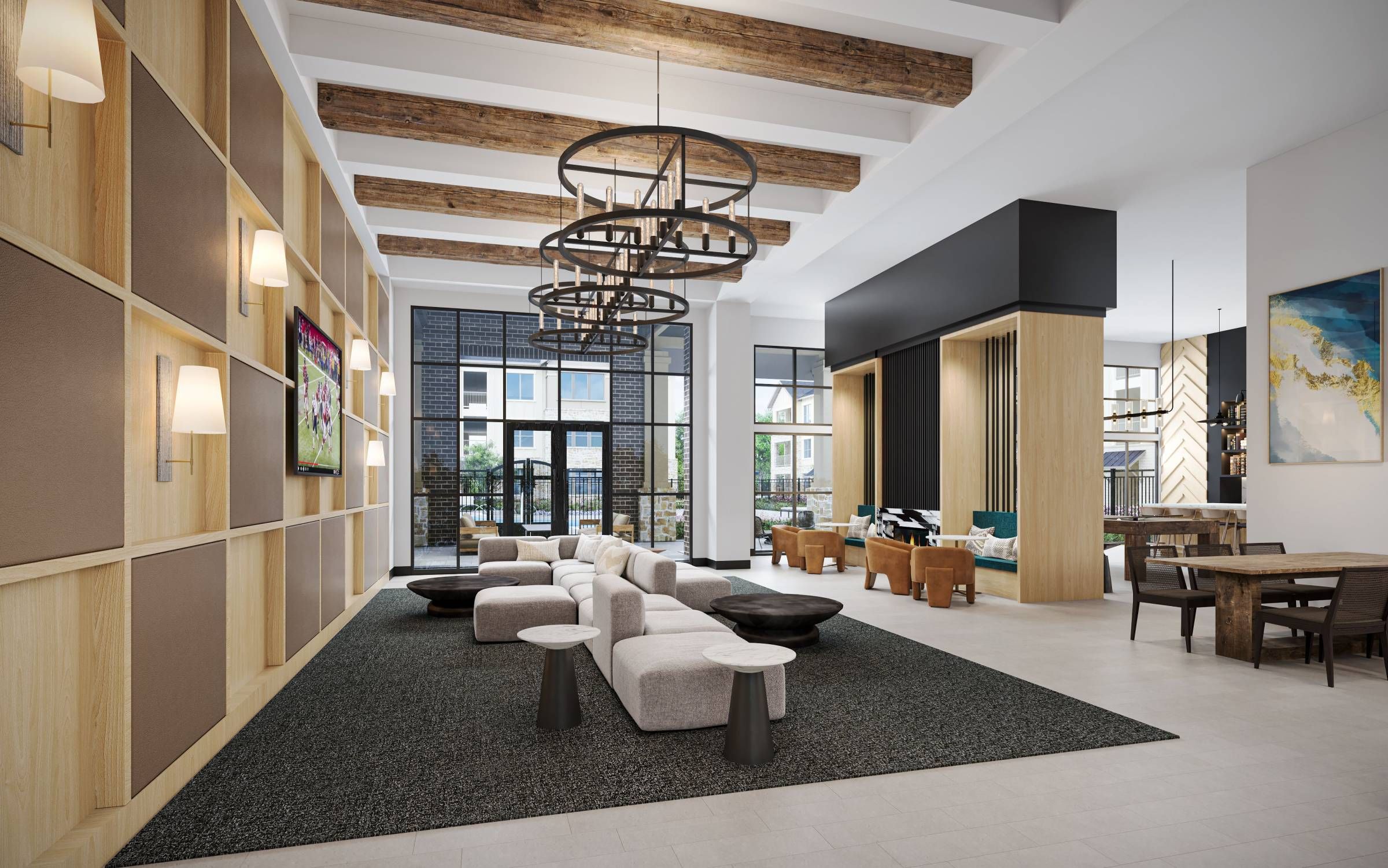 Camber Ridge Apartments modern lobby with stylish seating area, wooden beams on the ceiling, and contemporary chandeliers