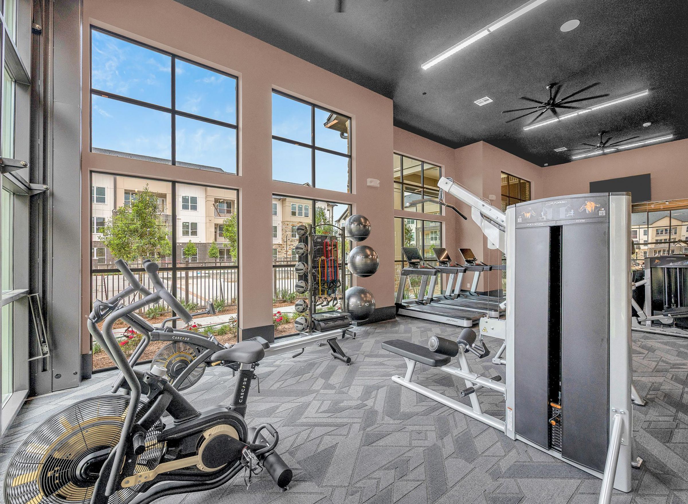 Camber Ridge Modern gym with exercise bikes, weight machines, and large windows showcasing an outdoor view.